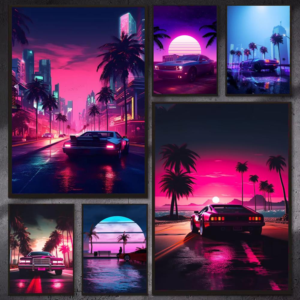Cyberpunk 80s Retro car city P - Retro Gaming Wallpaper บทวิจารณ์และราคา