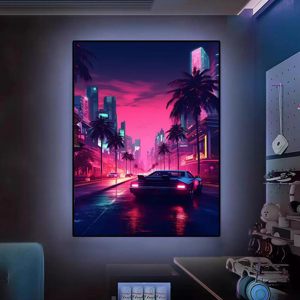 Cyberpunk 80s Retro car city P - Retro Gaming Wallpaper บทวิจารณ์และราคา