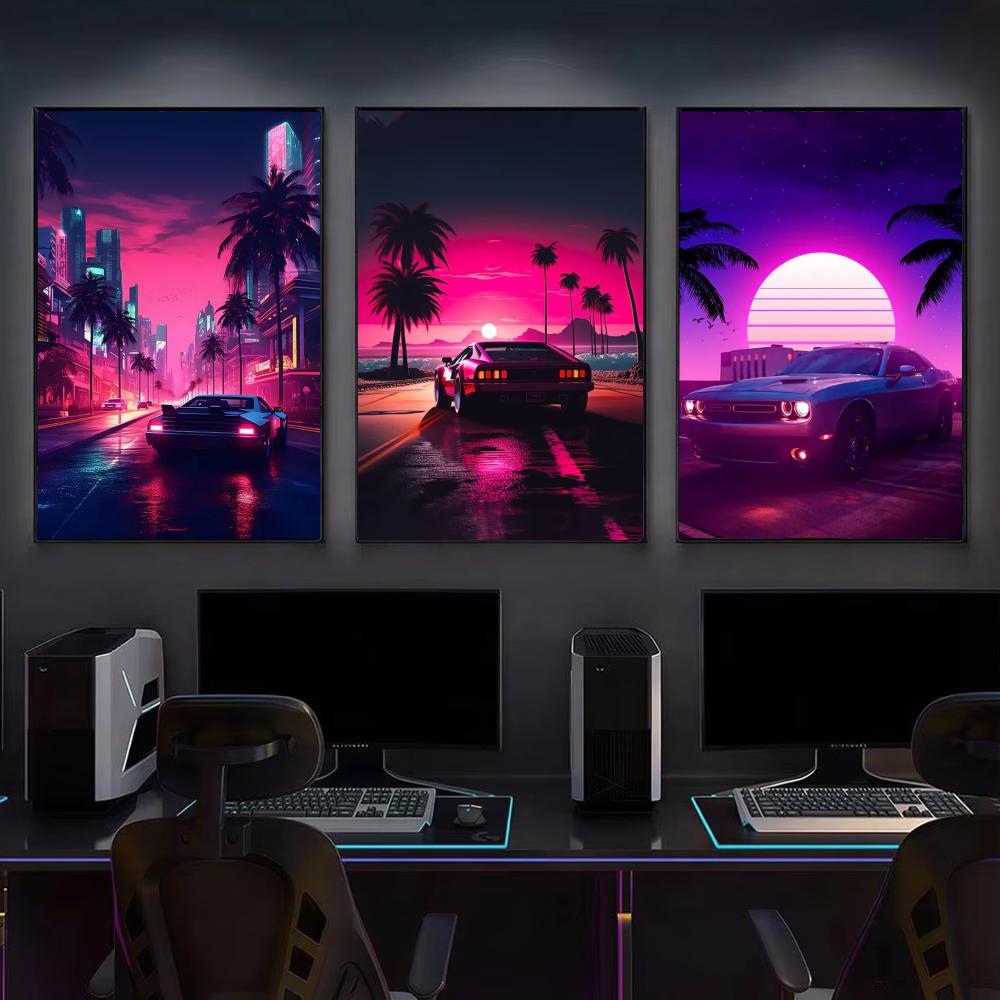 Cyberpunk 80s Retro car city P - Retro Gaming Wallpaper บทวิจารณ์และราคา